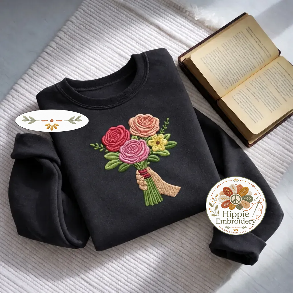 Embroidered Floral Bouquet Sweatshirt, Hand Holding Roses Shirt