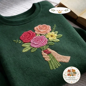 Embroidered Floral Bouquet Sweatshirt, Hand Holding Roses Shirt