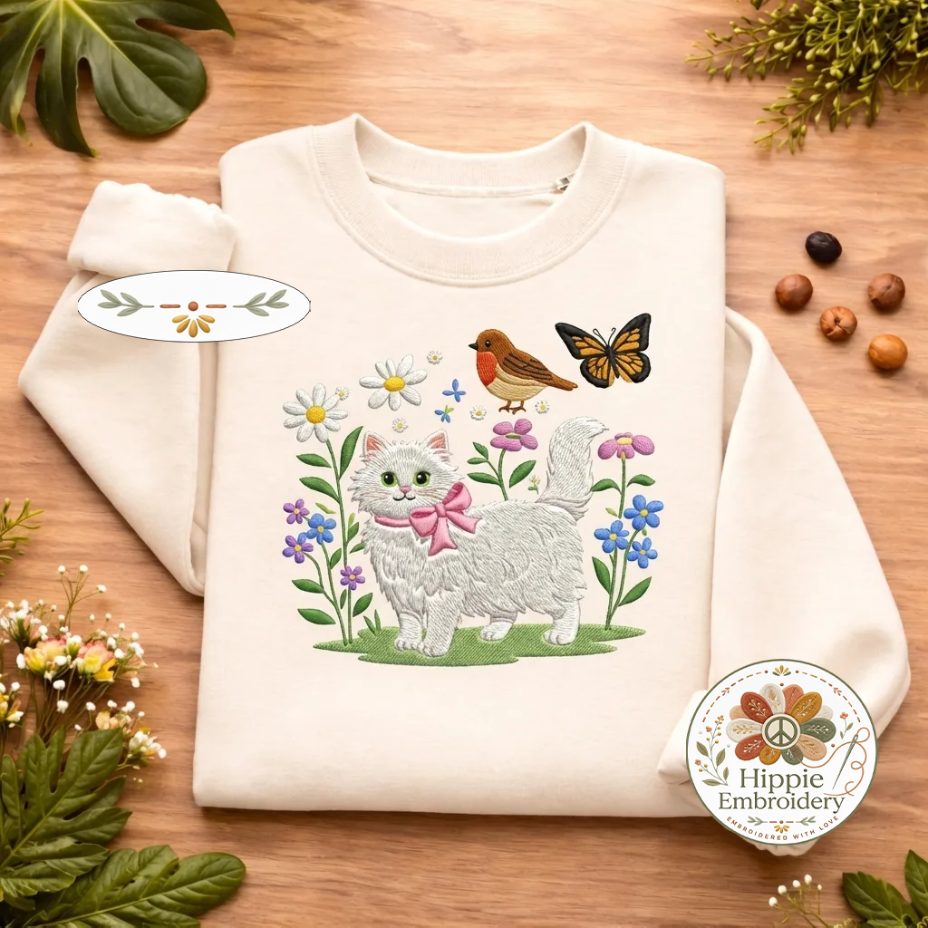 Embroidered Floral Cat Sweatshirt, Cottagecore Kitten Crewneck