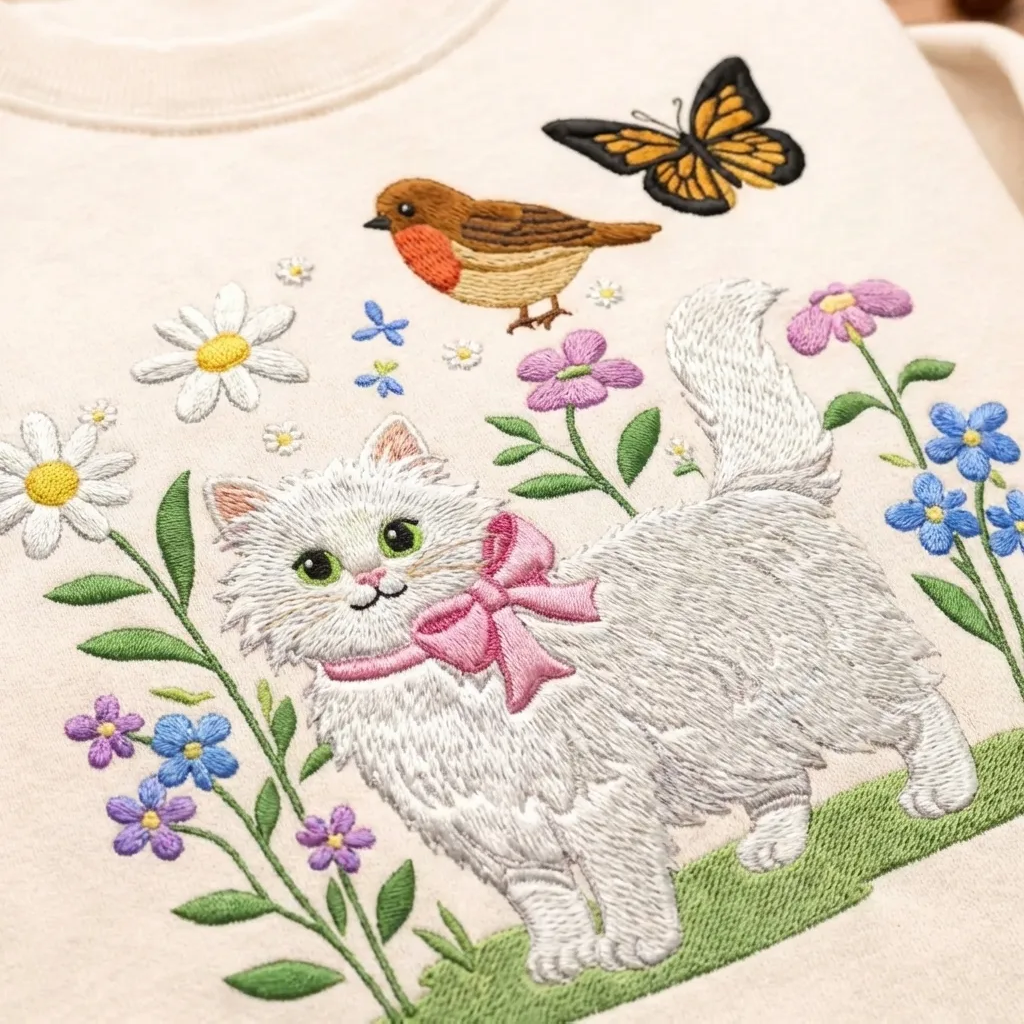Embroidered Floral Cat Sweatshirt, Cottagecore Kitten Crewneck