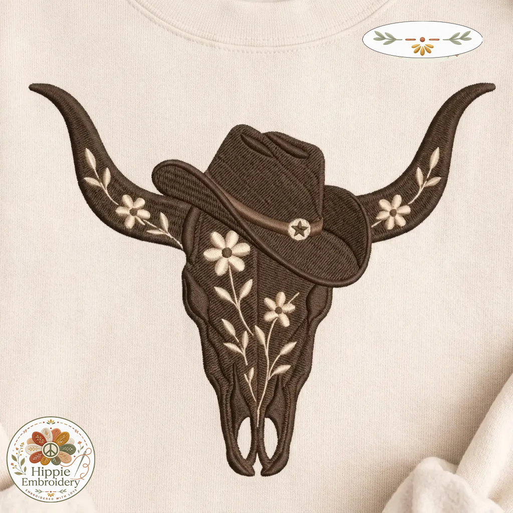 Embroidered Floral Cow Skull Sweatshirt, Vintage Western Cowgirl Crew