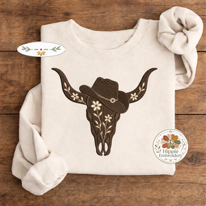 Embroidered Floral Cow Skull Sweatshirt, Vintage Western Cowgirl Crew