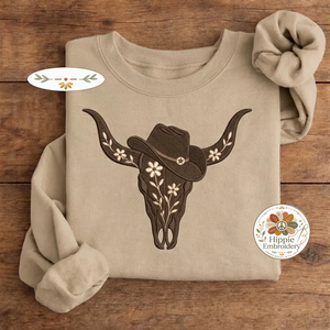 Embroidered Floral Cow Skull Sweatshirt, Vintage Western Cowgirl Crew