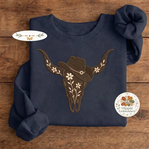 Embroidered Floral Cow Skull Sweatshirt, Vintage Western Cowgirl Crew
