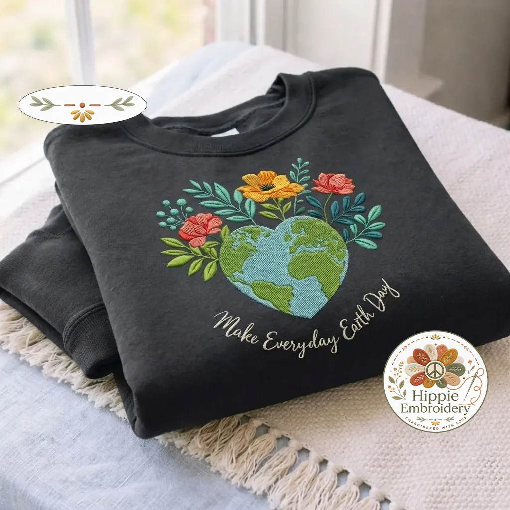 Embroidered Floral Earth Day Sweatshirt, Make Everyday Earth Day Tee