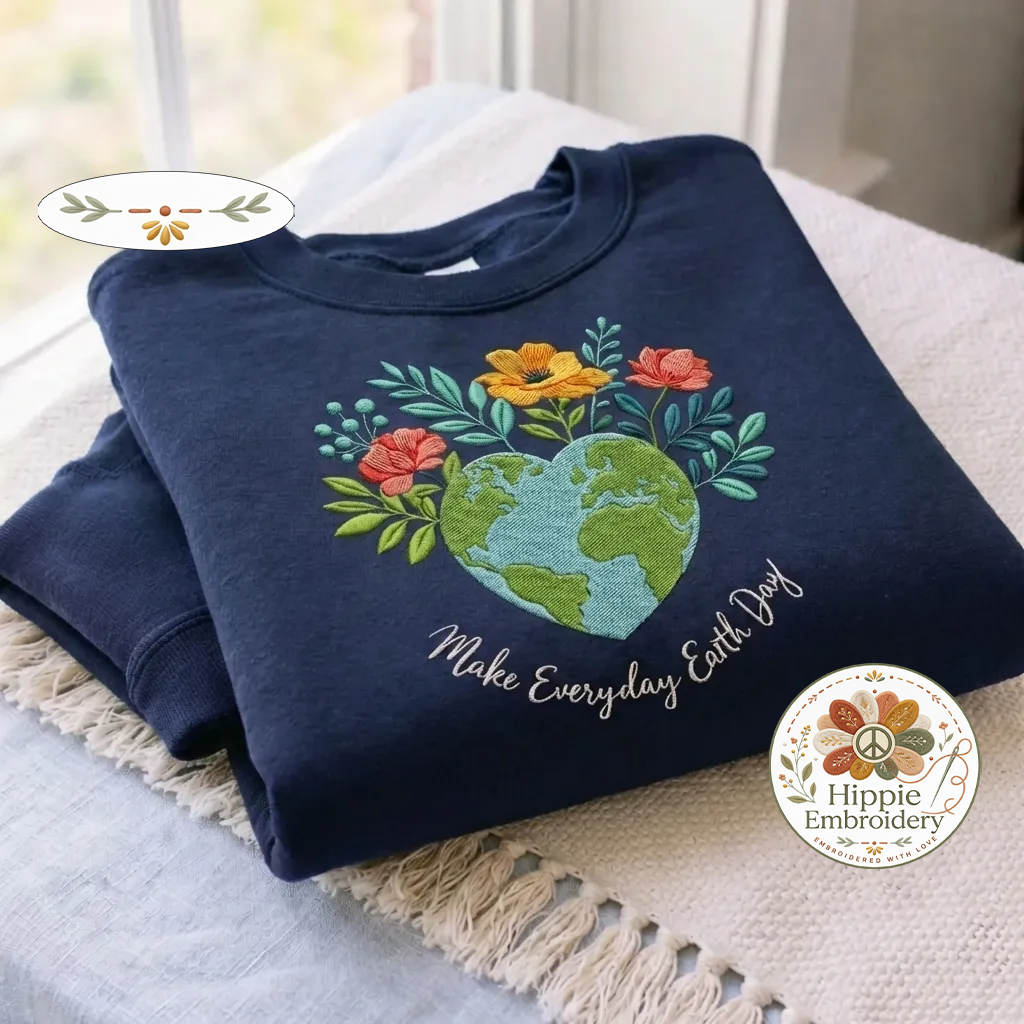 Embroidered Floral Earth Day Sweatshirt, Make Everyday Earth Day Tee