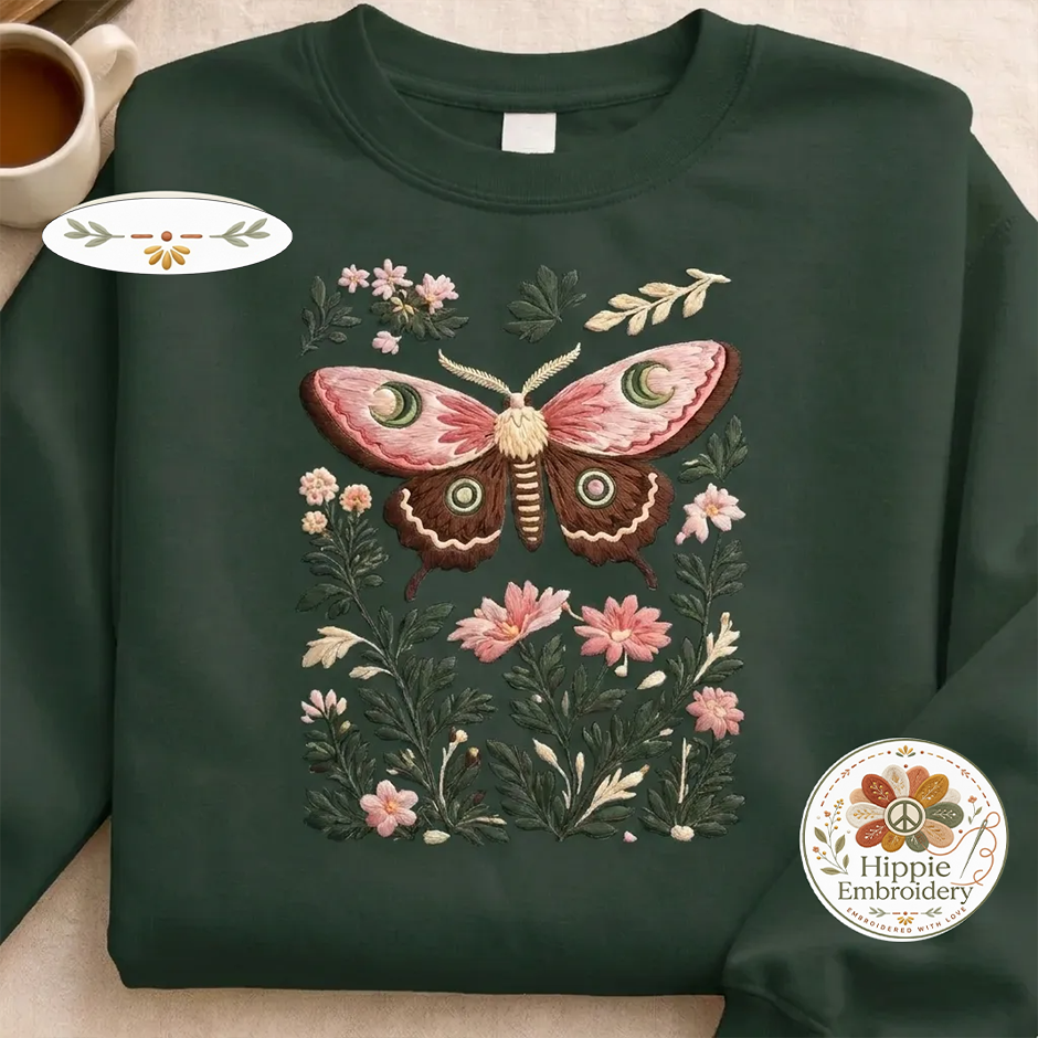 Embroidered Floral Moth Shirt, Cottagecore Botanical Nature Crew