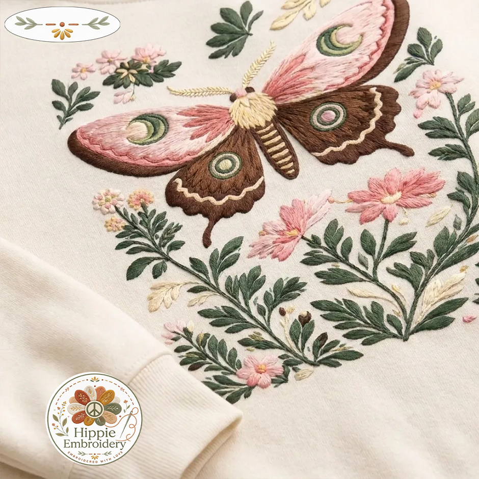 Embroidered Floral Moth Shirt, Cottagecore Botanical Nature Crew