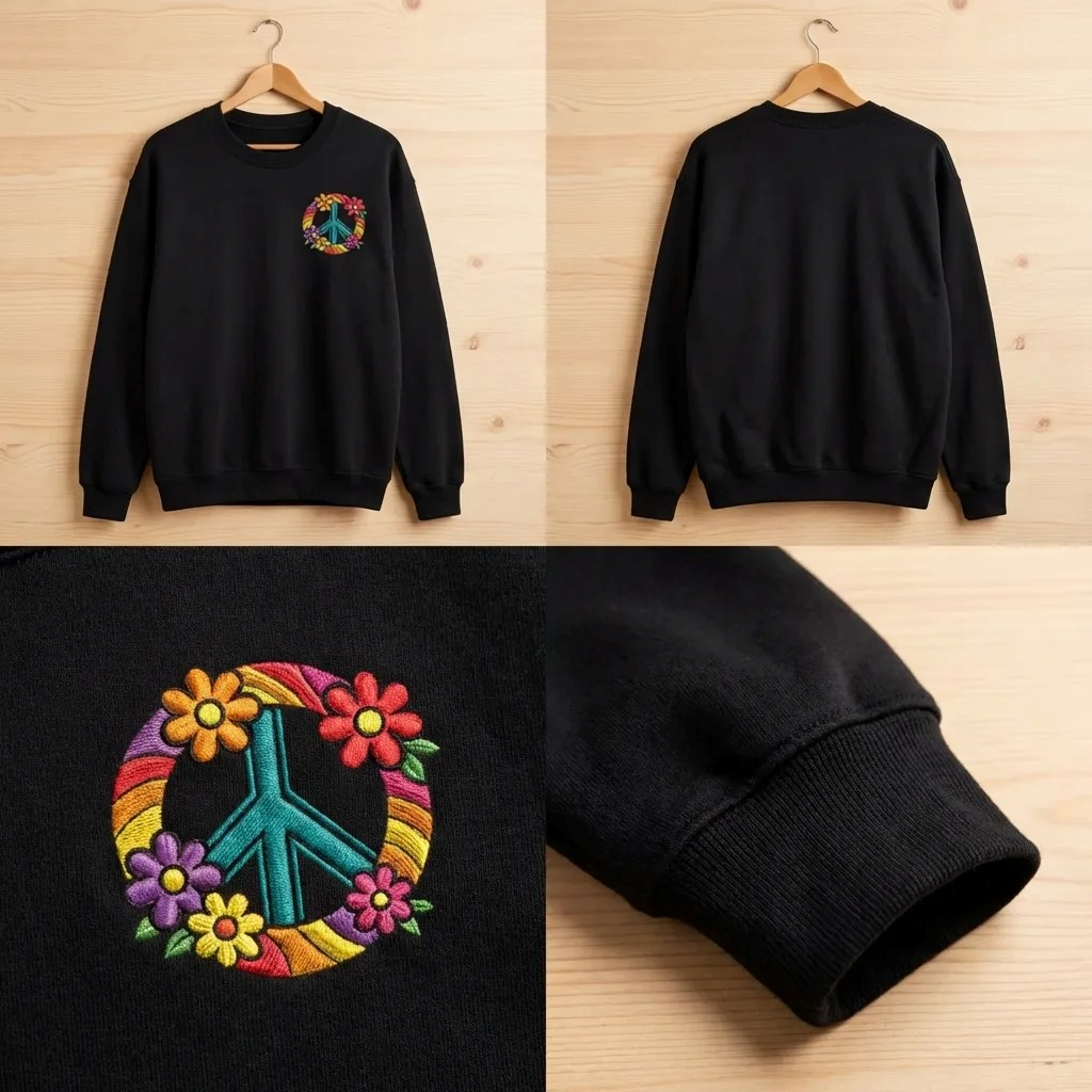 Embroidered Floral Peace Sign Sweatshirt, 70s Boho Hippie Top