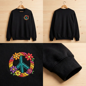 Embroidered Floral Peace Sign Sweatshirt, 70s Boho Hippie Top