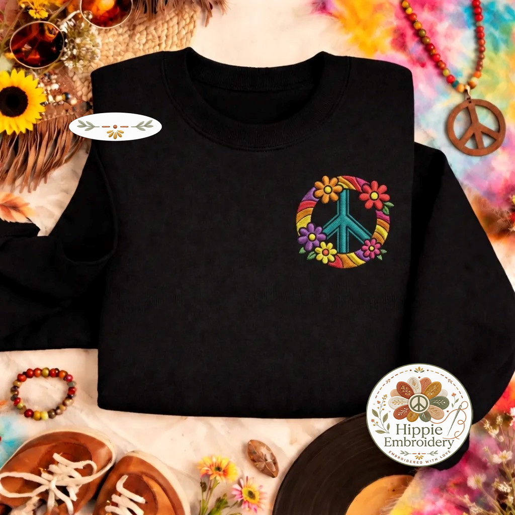 Embroidered Floral Peace Sign Sweatshirt, 70s Boho Hippie Top