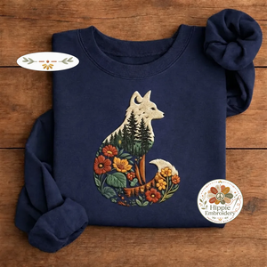 Embroidered Forest Fox Nature Landscape Sweatshirt, Woodland Crew