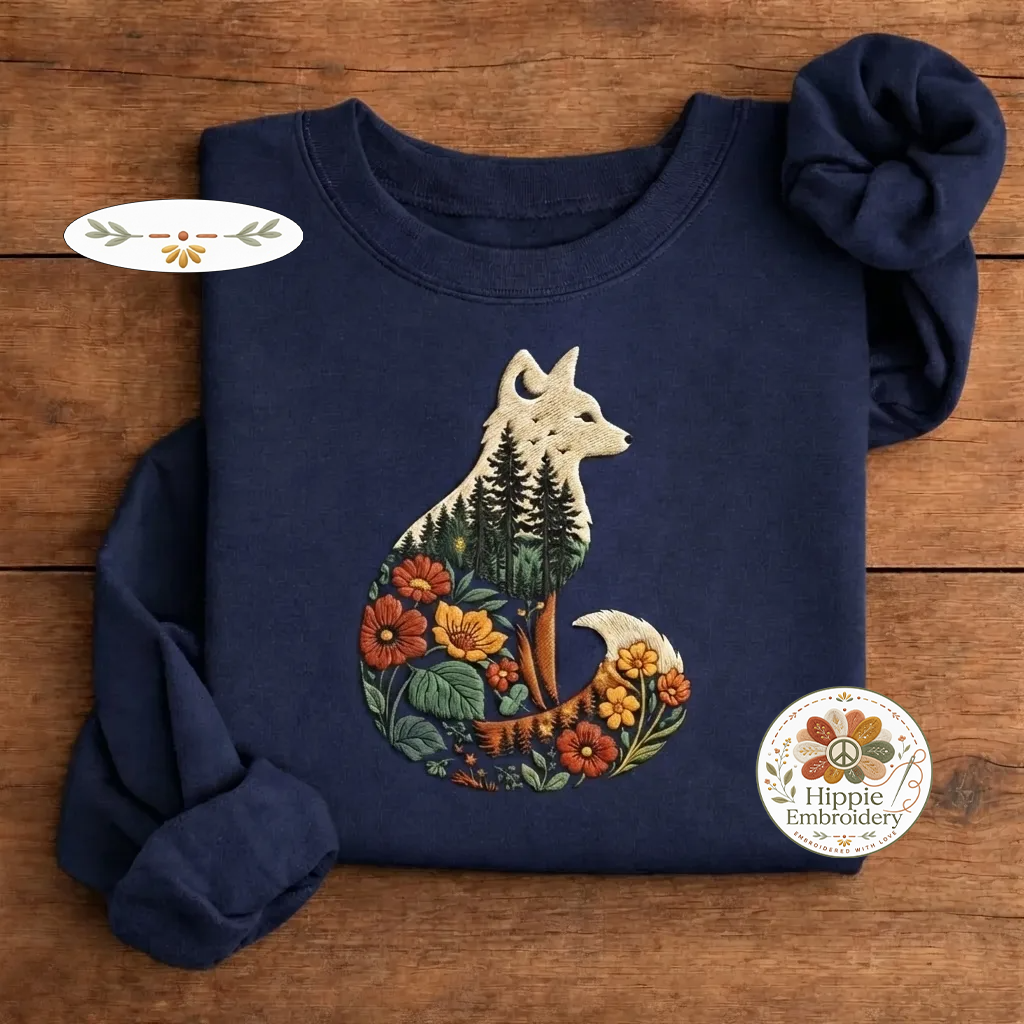 Embroidered Forest Fox Nature Landscape Sweatshirt, Woodland Crew