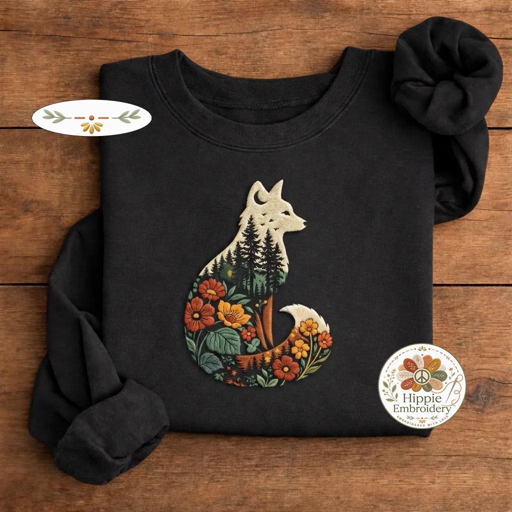Embroidered Forest Fox Nature Landscape Sweatshirt, Woodland Crew