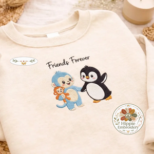 Embroidered Friends Forever Monkey Penguin Sweatshirt, Cute Top