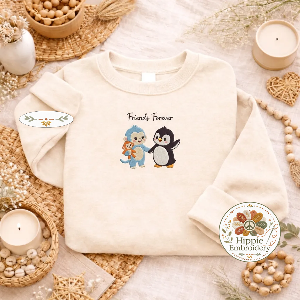 Embroidered Friends Forever Monkey Penguin Sweatshirt, Cute Top