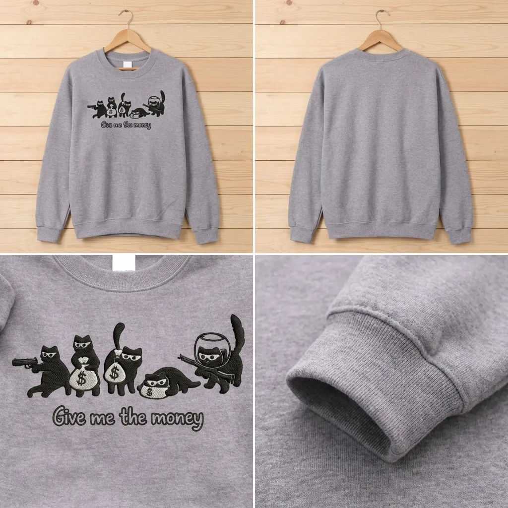 Embroidered Give Me The Money Cat Sweatshirt, Funny Robber Shirt