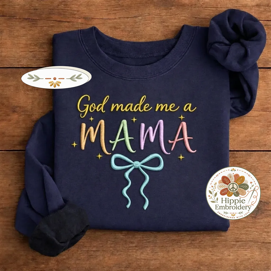 Embroidered God Made Me A MAMA Shirt, Floral Bow Christian Crew
