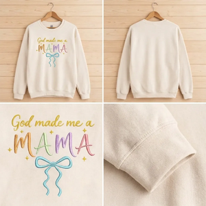 Embroidered God Made Me A MAMA Shirt, Floral Bow Christian Crew
