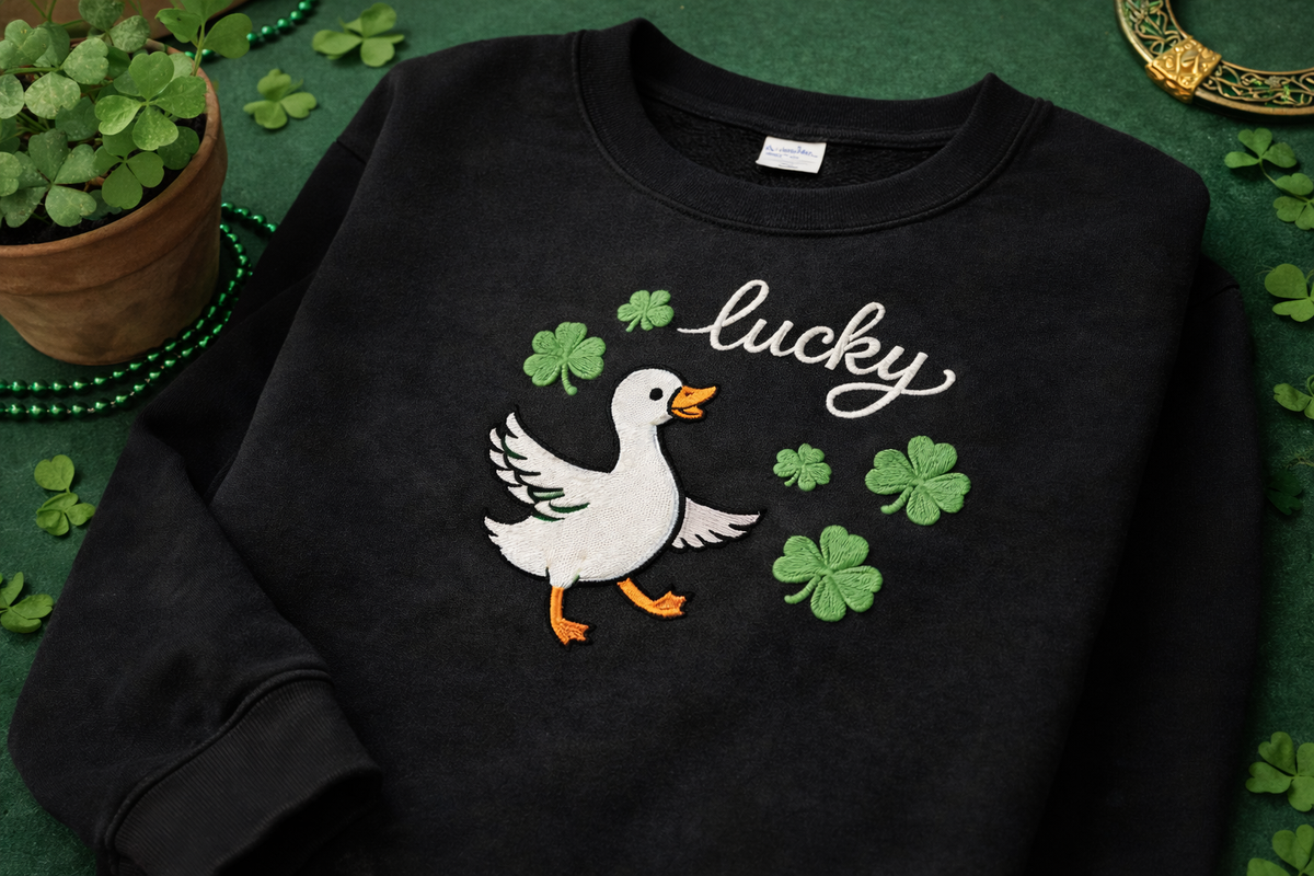 Embroidered Goose Sweatshirt, St Patricks Day Shamrock Top