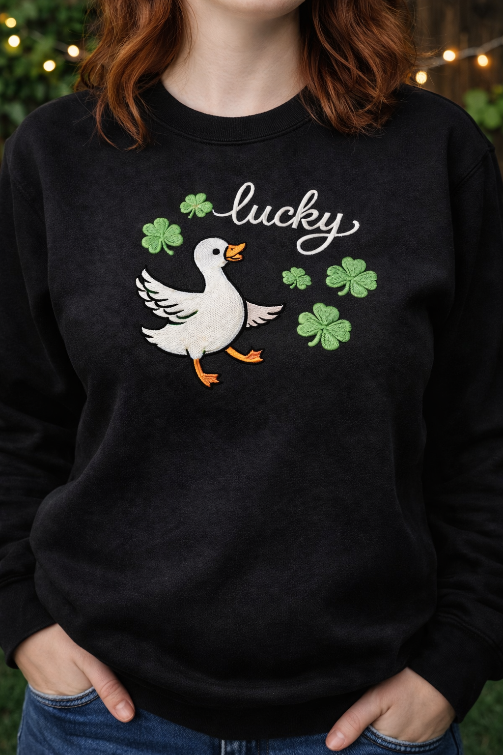 Embroidered Goose Sweatshirt, St Patricks Day Shamrock Top