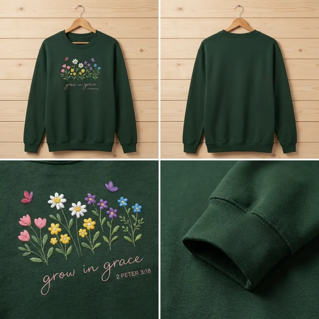 Embroidered Grow In Grace Sweatshirt, Wildflowers Christian Shirt