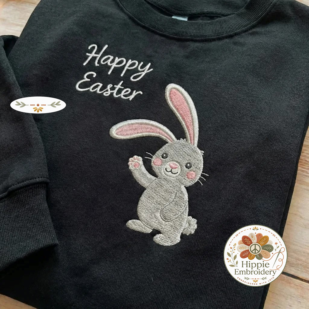 Embroidered Happy Easter Sweatshirt, Waving Bunny Spring Top