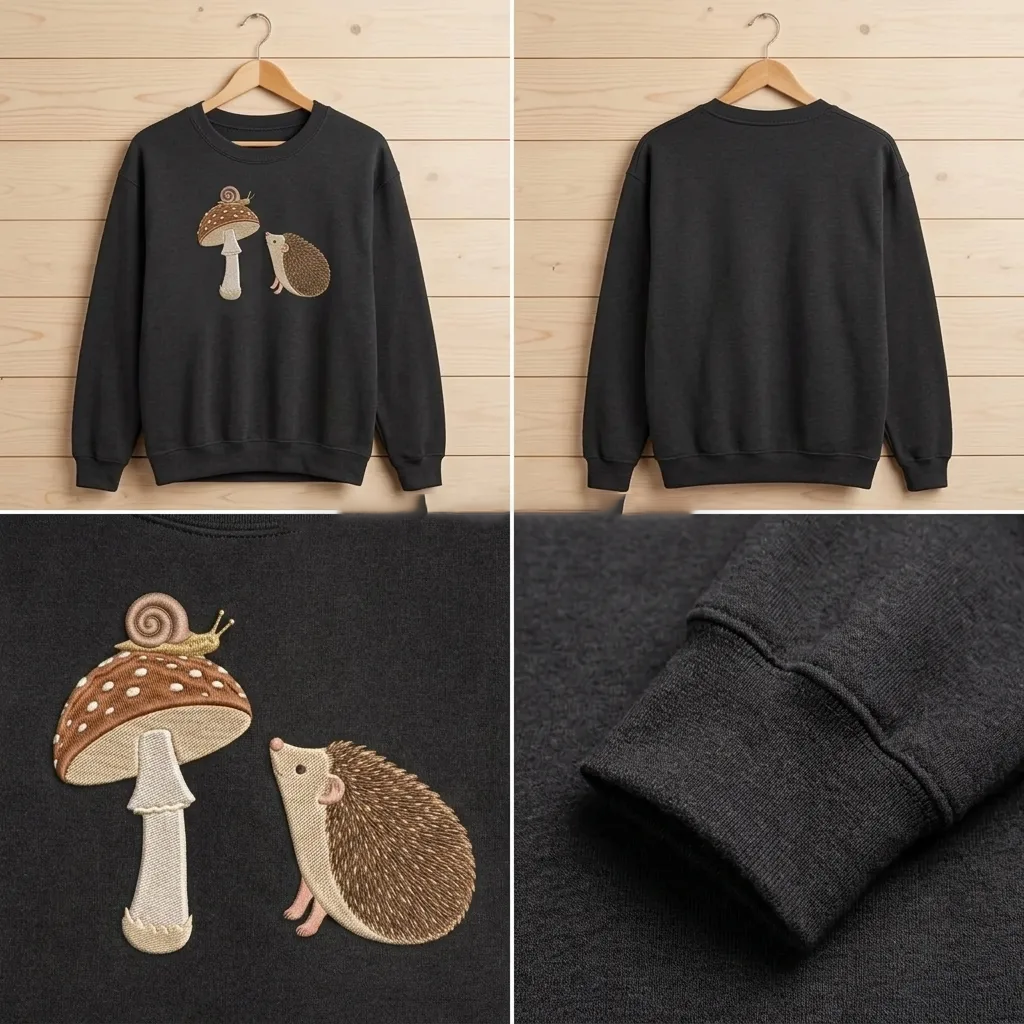 Embroidered Hedgehog Snail Mushroom Sweatshirt, Cottagecore Crew