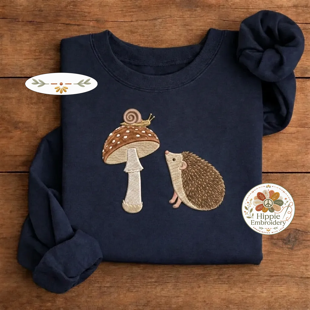 Embroidered Hedgehog Snail Mushroom Sweatshirt, Cottagecore Crew