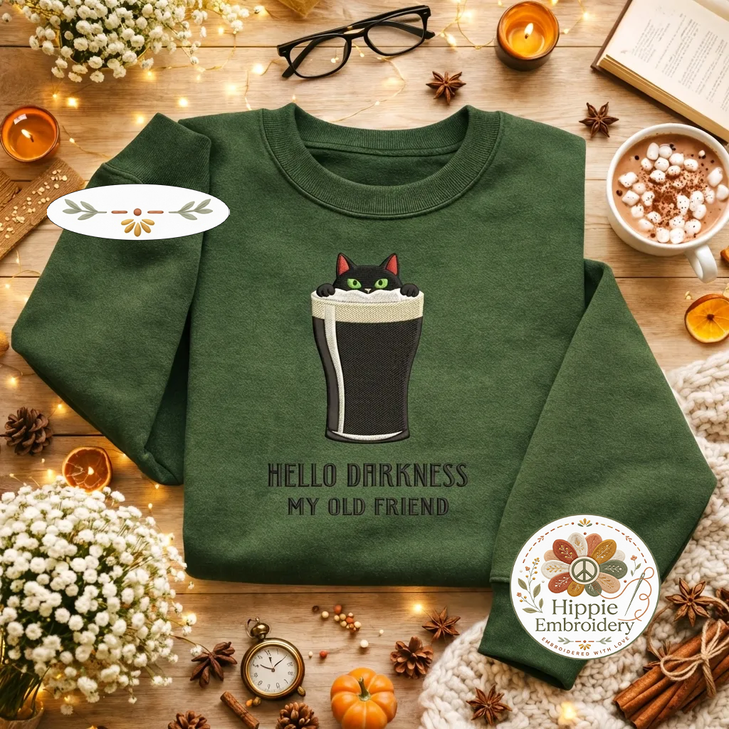 Embroidered Hello Darkness My Old Friend Sweatshirt, Cat Shirt