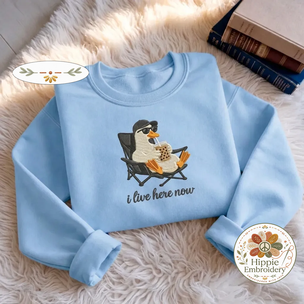 Embroidered I Live Here Now Goose Sweatshirt, Funny Baseball Shirt