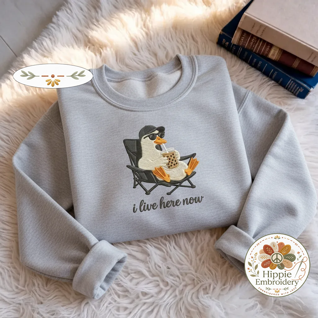 Embroidered I Live Here Now Goose Sweatshirt, Funny Baseball Shirt