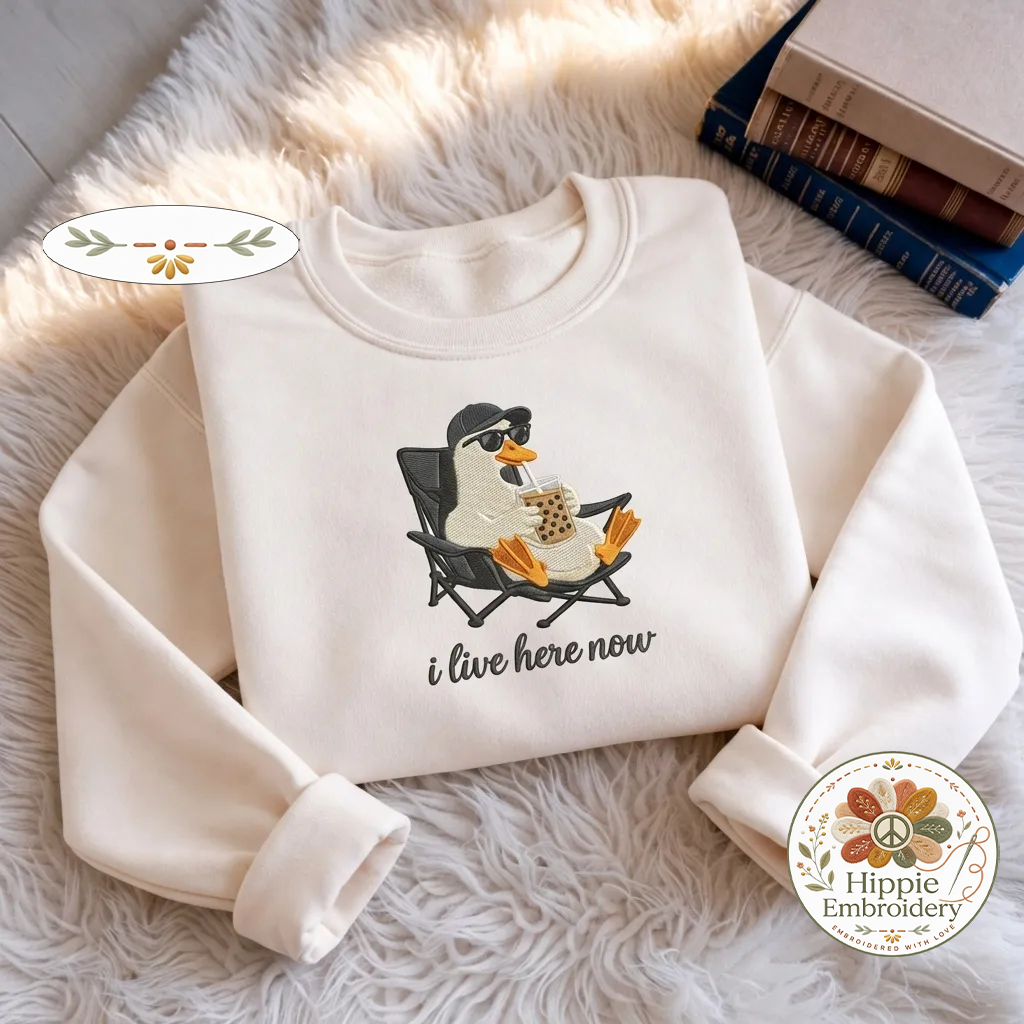 Embroidered I Live Here Now Goose Sweatshirt, Funny Baseball Shirt
