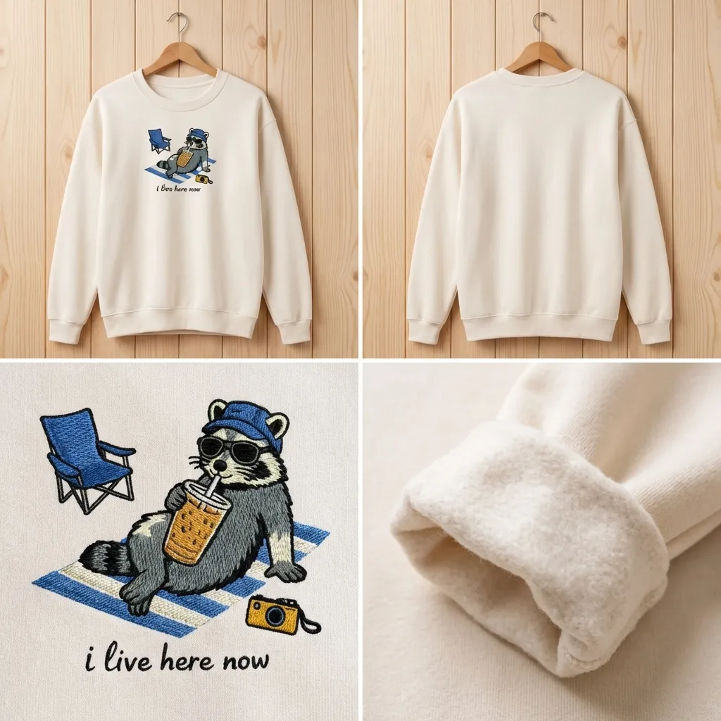Embroidered I Live Here Now Raccoon Sweatshirt, Trash Panda Shirt