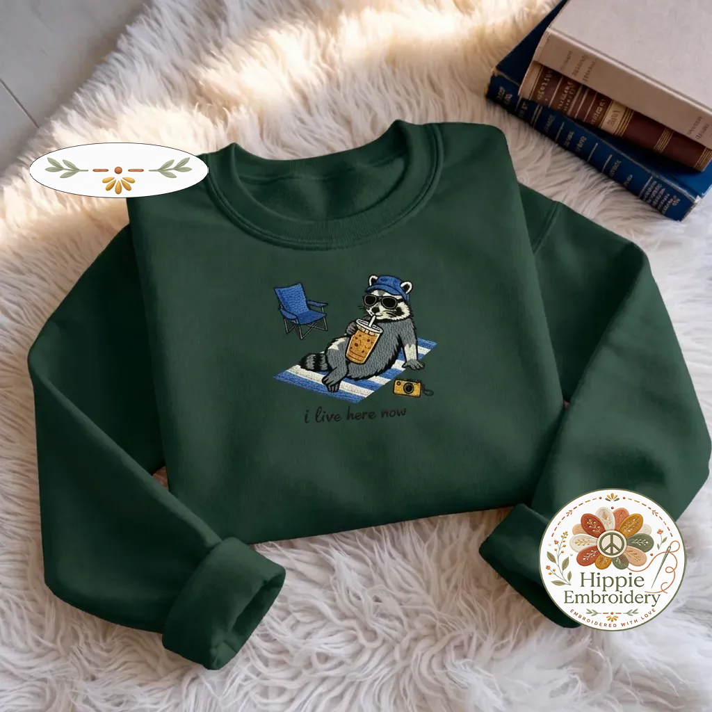 Embroidered I Live Here Now Raccoon Sweatshirt, Trash Panda Shirt