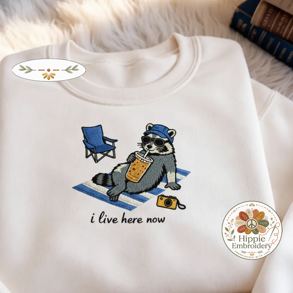 Embroidered I Live Here Now Raccoon Sweatshirt, Trash Panda Shirt