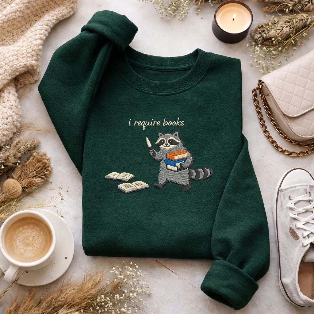 Embroidered I Require Books Raccoon Sweatshirt, Funny Bookish Gift