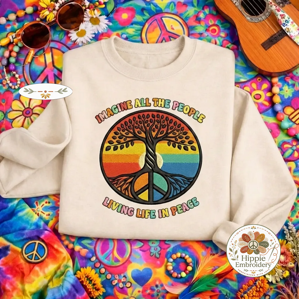 Embroidered Imagine All The People Sweatshirt, Tree of Life Shirt