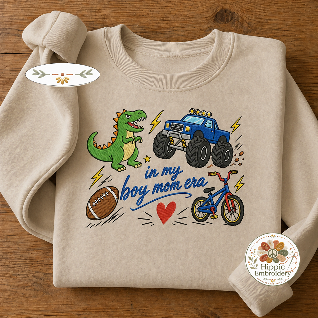Embroidered In My Boy Mom Era Sports Sweatshirt, Dinosaur Mama Crew