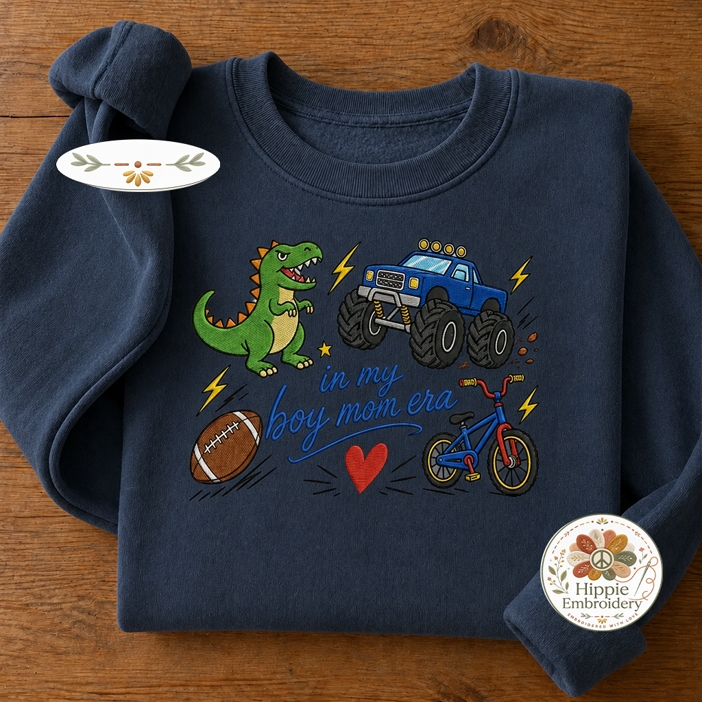 Embroidered In My Boy Mom Era Sports Sweatshirt, Dinosaur Mama Crew