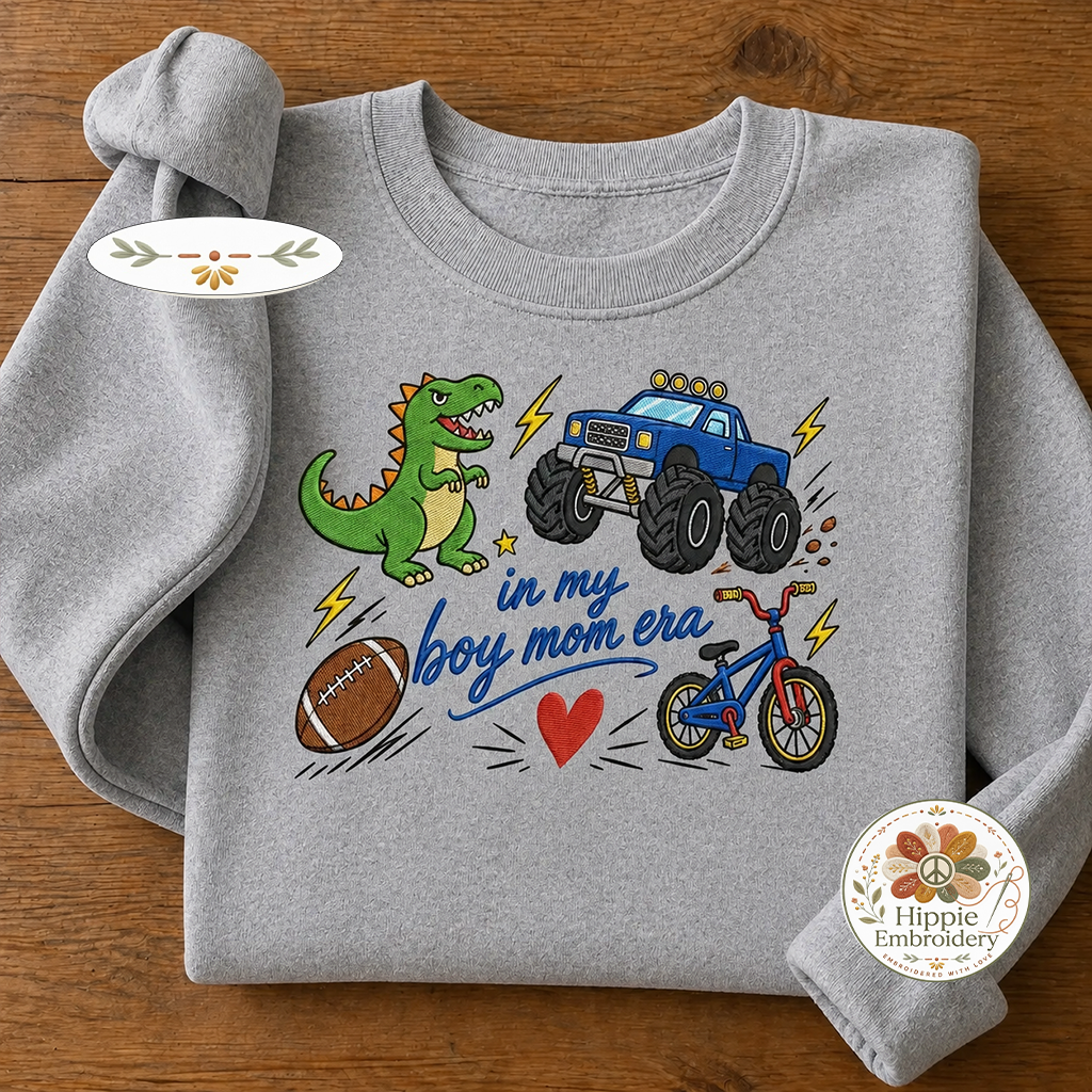 Embroidered In My Boy Mom Era Sports Sweatshirt, Dinosaur Mama Crew