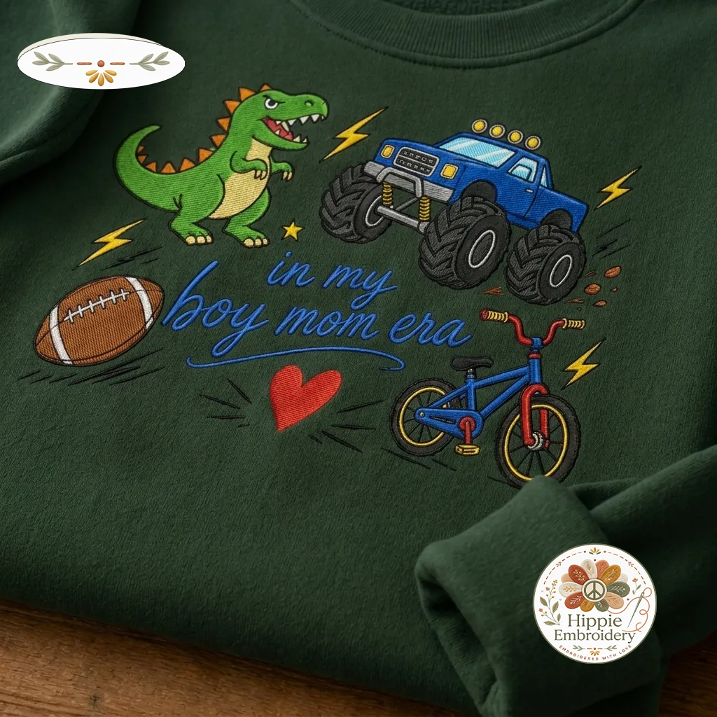 Embroidered In My Boy Mom Era Sports Sweatshirt, Dinosaur Mama Crew