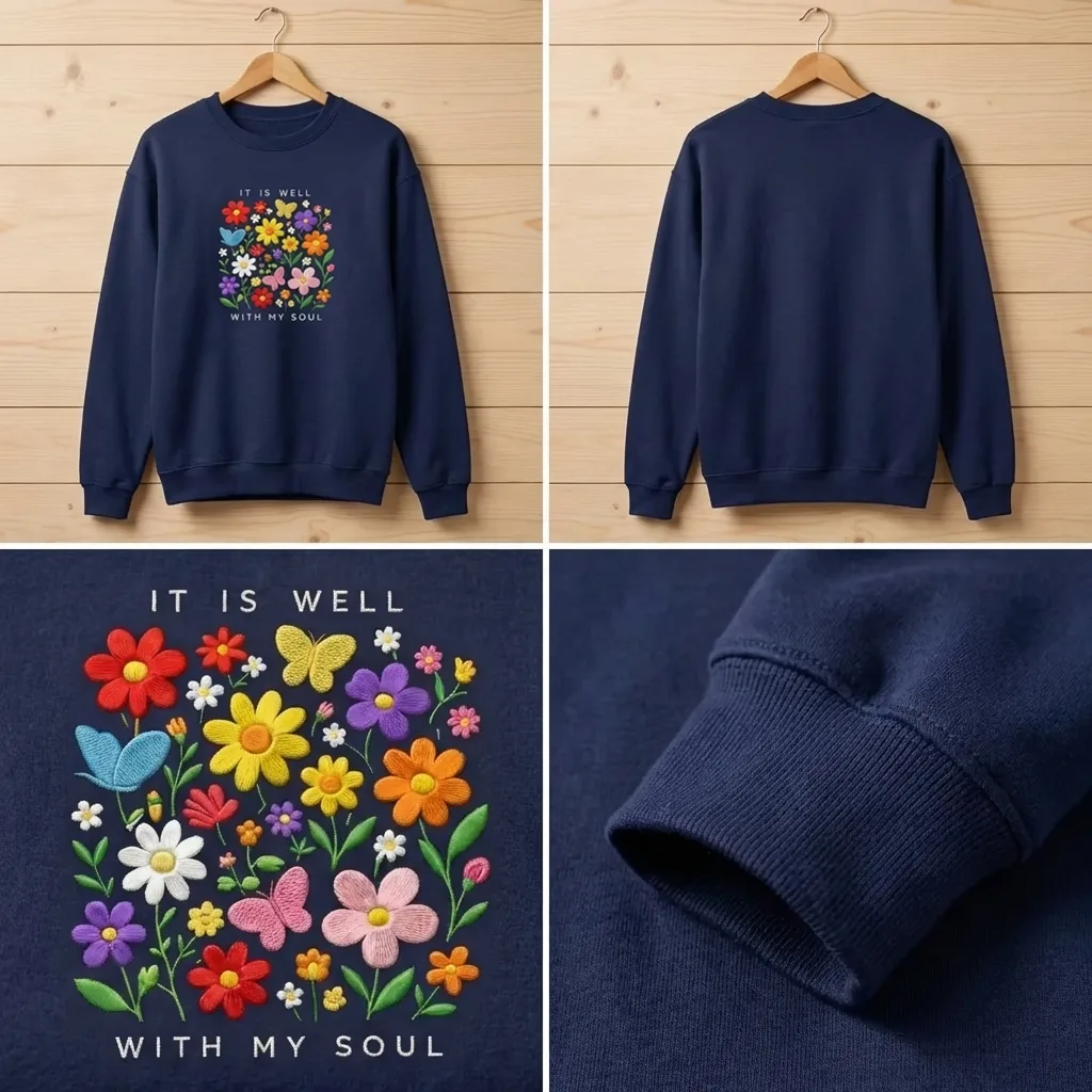Embroidered It Is Well With My Soul Shirt, Christian Floral Crewneck