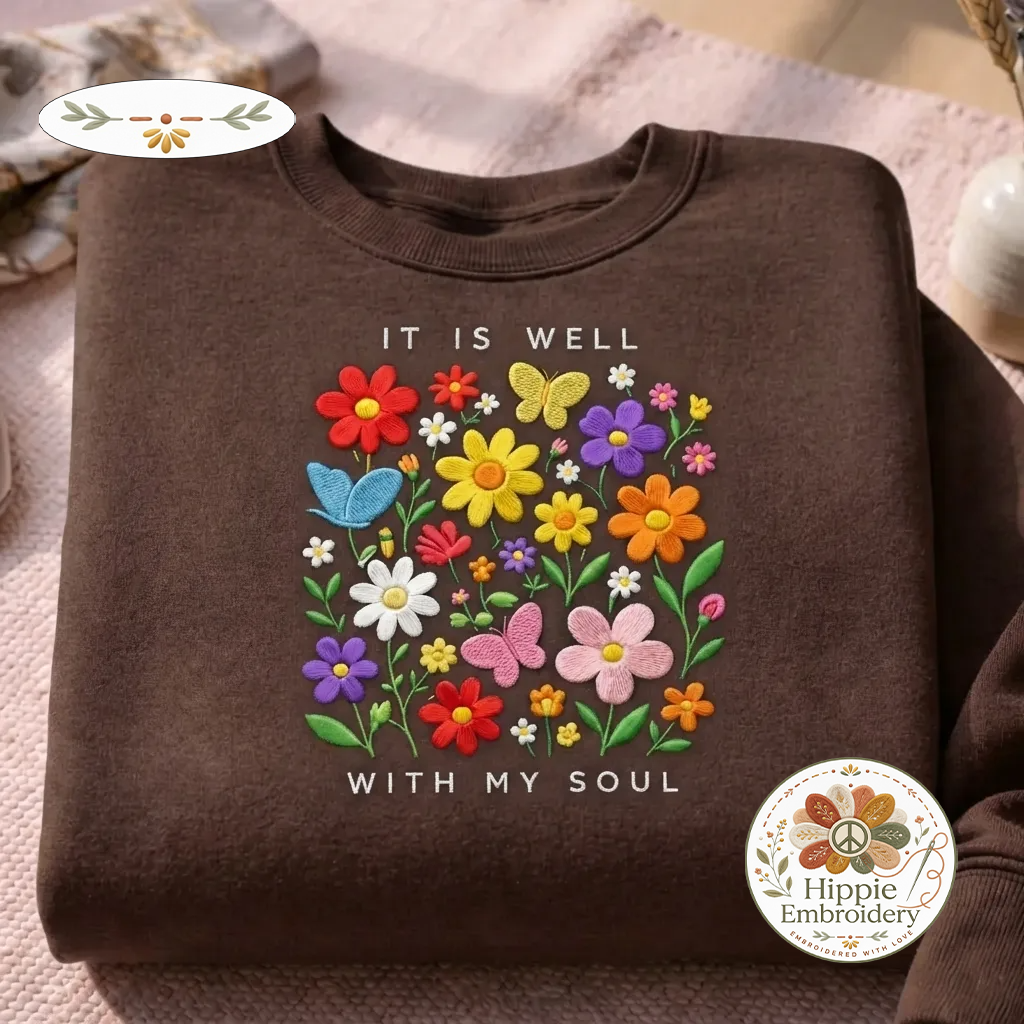 Embroidered It Is Well With My Soul Shirt, Christian Floral Crewneck