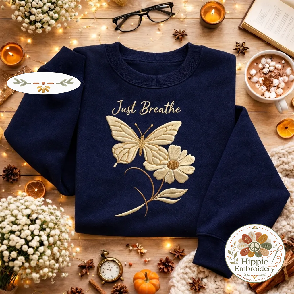 Embroidered Just Breathe Butterfly Sweatshirt, Wellness Top