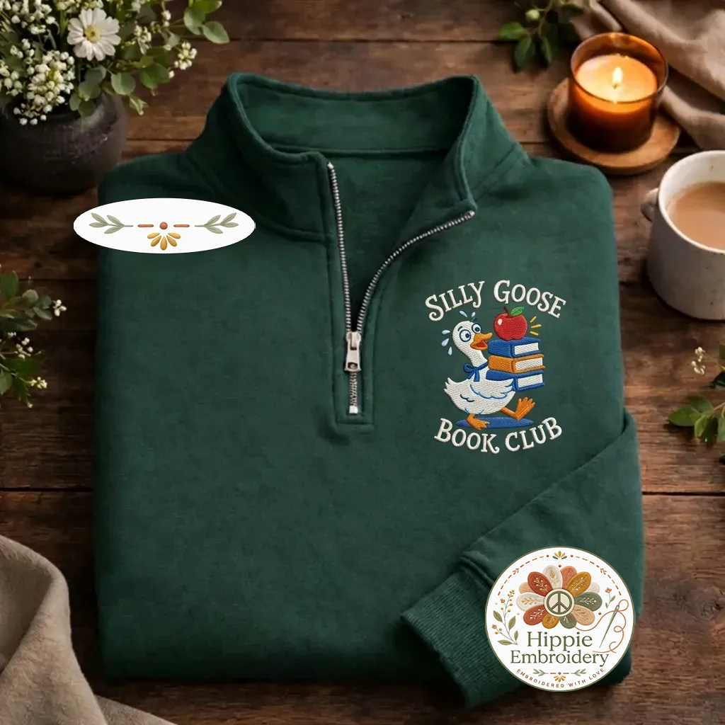 Embroidered Just One More Chapter Quarter Zip, Floral Book Shirt