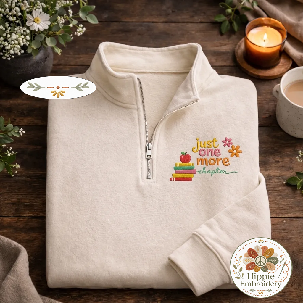 Embroidered Just One More Chapter Quarter Zip, Floral Book Shirt