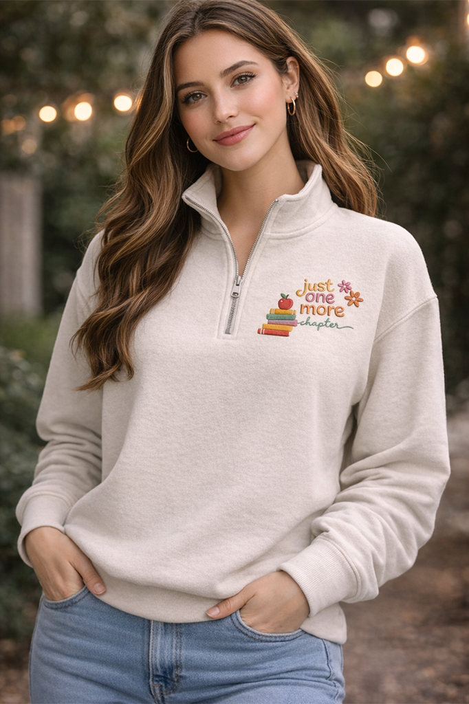 Embroidered Just One More Chapter Quarter Zip, Floral Book Shirt