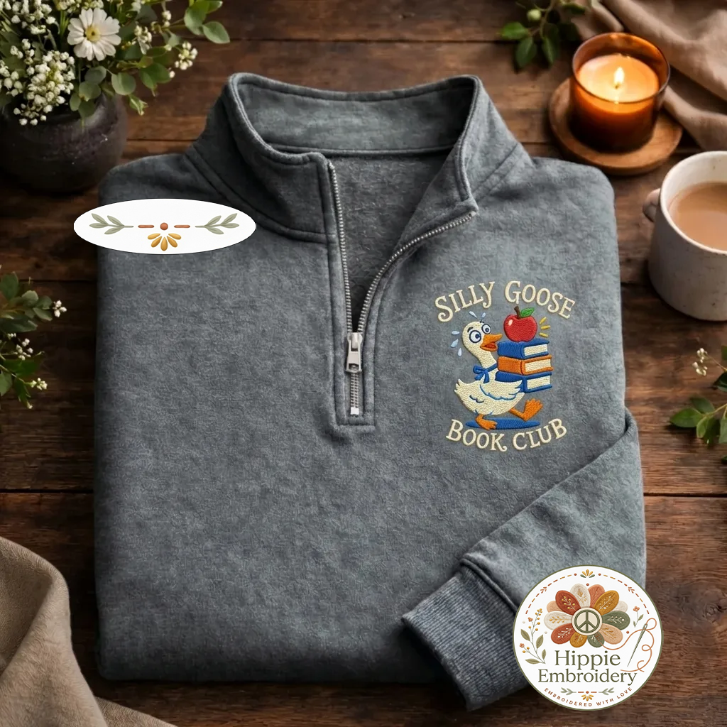 Embroidered Just One More Chapter Quarter Zip, Floral Book Shirt