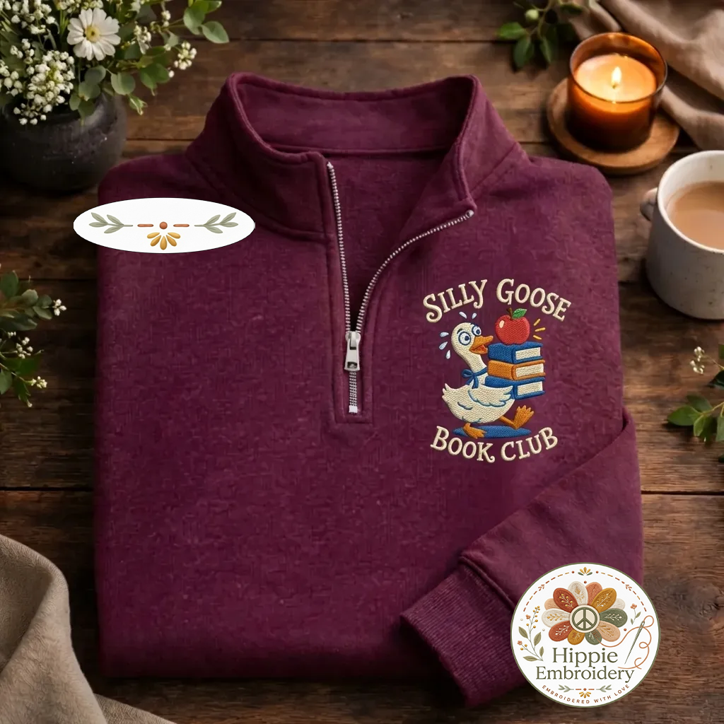 Embroidered Just One More Chapter Quarter Zip, Floral Book Shirt